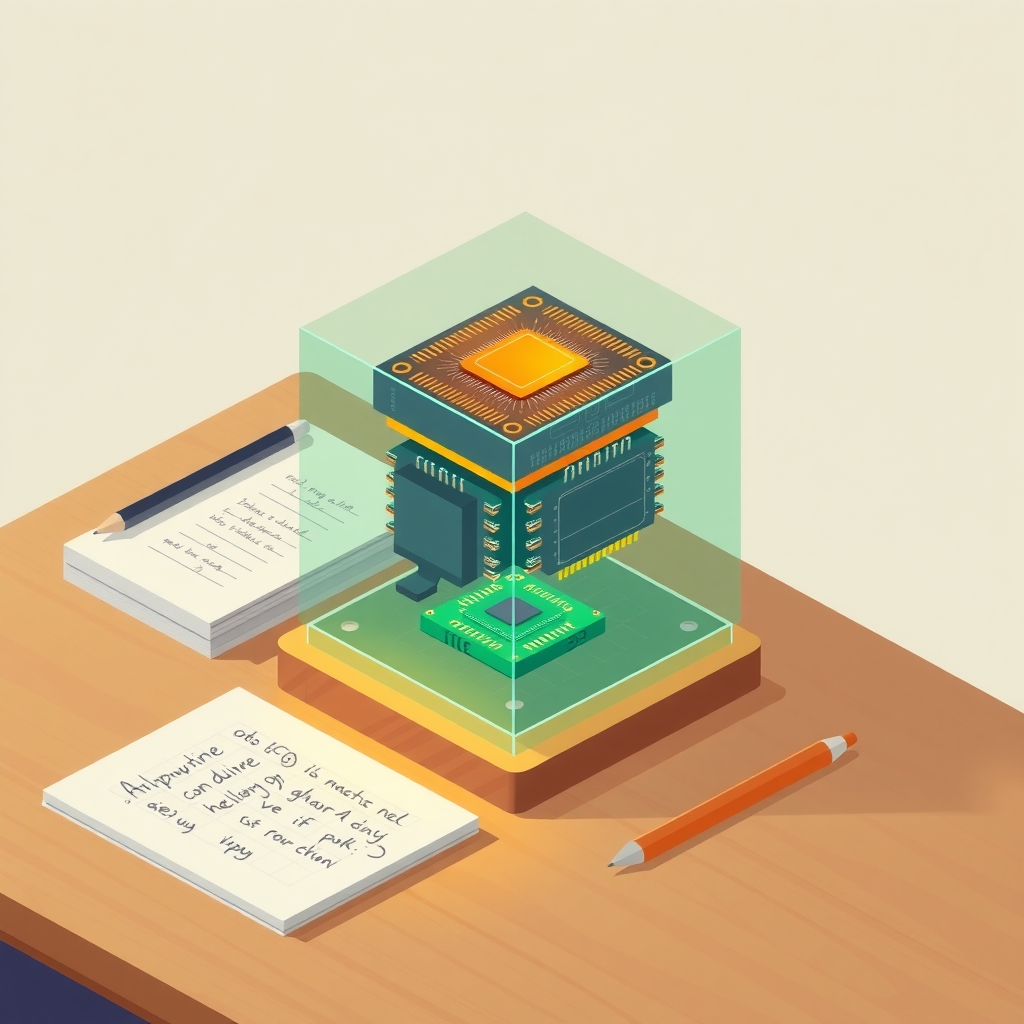 A glass cube with internal circuit layers and chips on a desk with notes