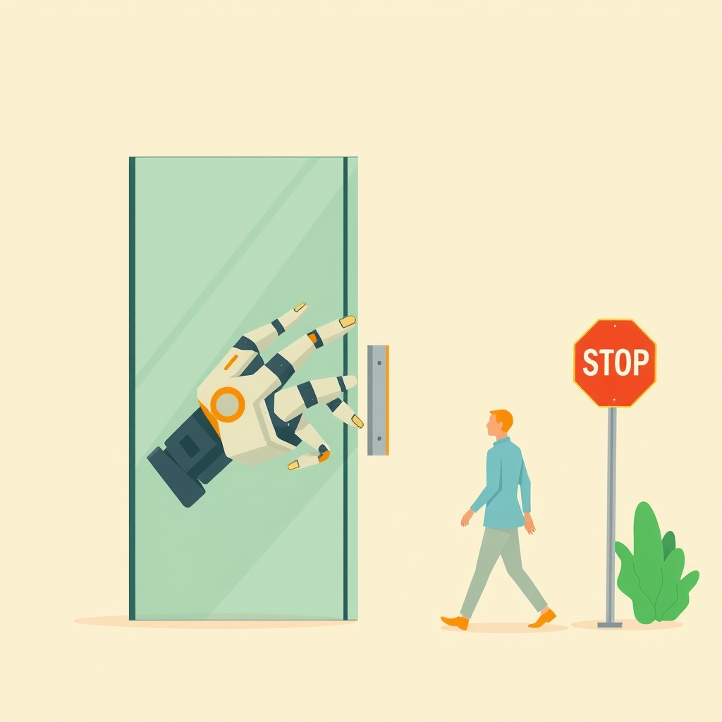 A robotic hand attempting to bypass a locked glass door, contrasting with a human ignoring a stop sign.
