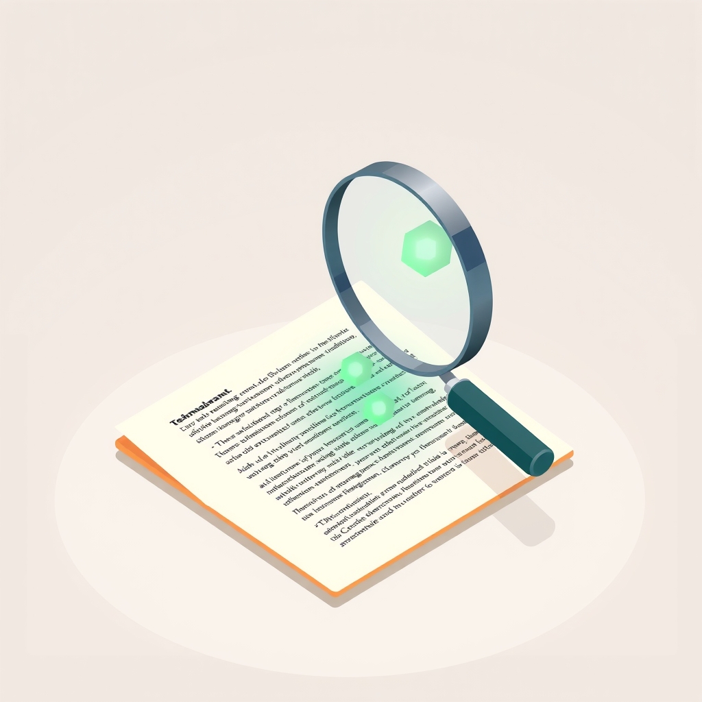 A magnifying glass reveals invisible geometric patterns in typed text.