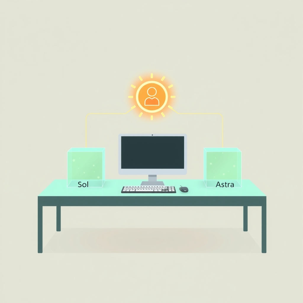 Illustration of AI model tiers and agent connections on a desk
