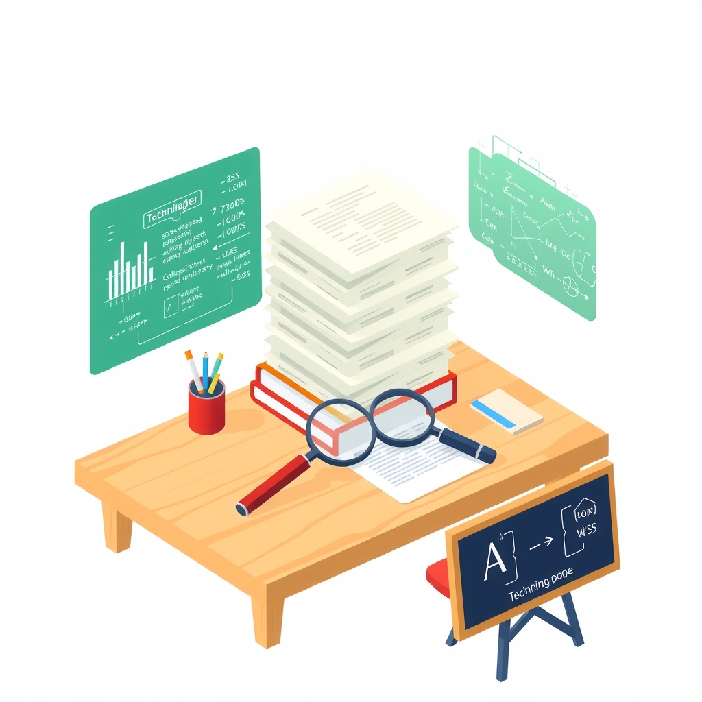 Digital papers floating above a desk with mathematical tools