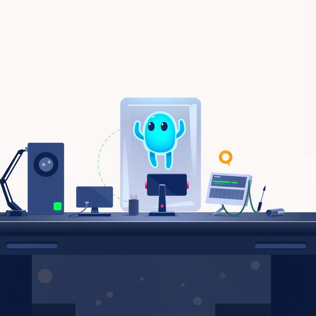 Un cubo de cristal con un avatar de IA azul brillante rodeado de pequeños iconos que representan herramientas de software profesional.