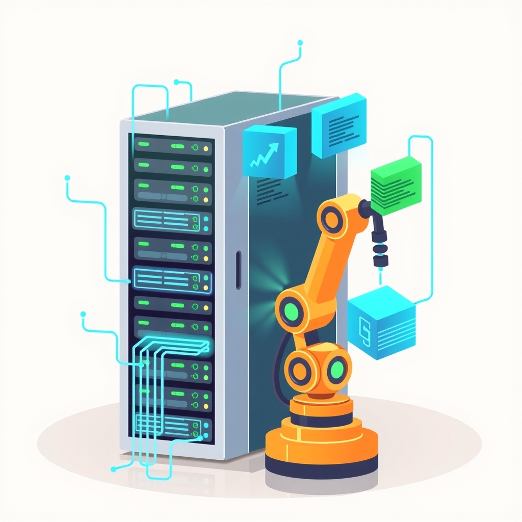 Illustration of a server connecting to code blocks representing agent automation
