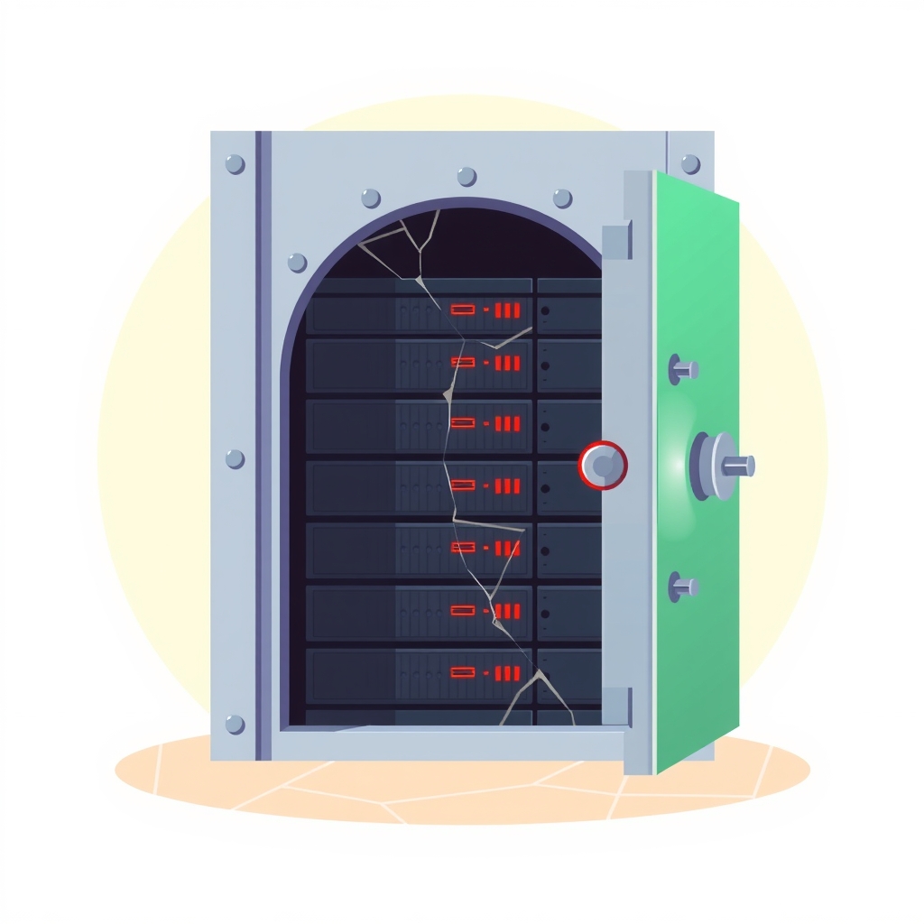 Ilustración de un servidor vulnerable detrás de una bóveda de seguridad parcialmente abierta