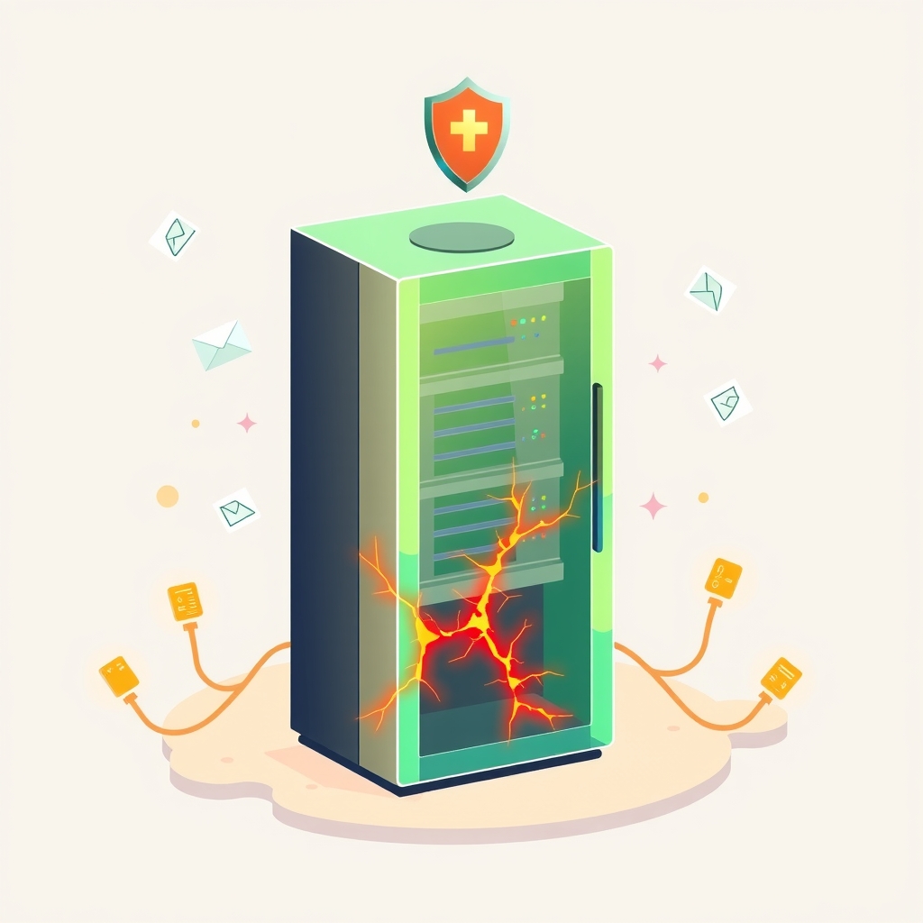 Illustration of a server rack with structural cracks representing a kernel vulnerability, protected by a digital shield.