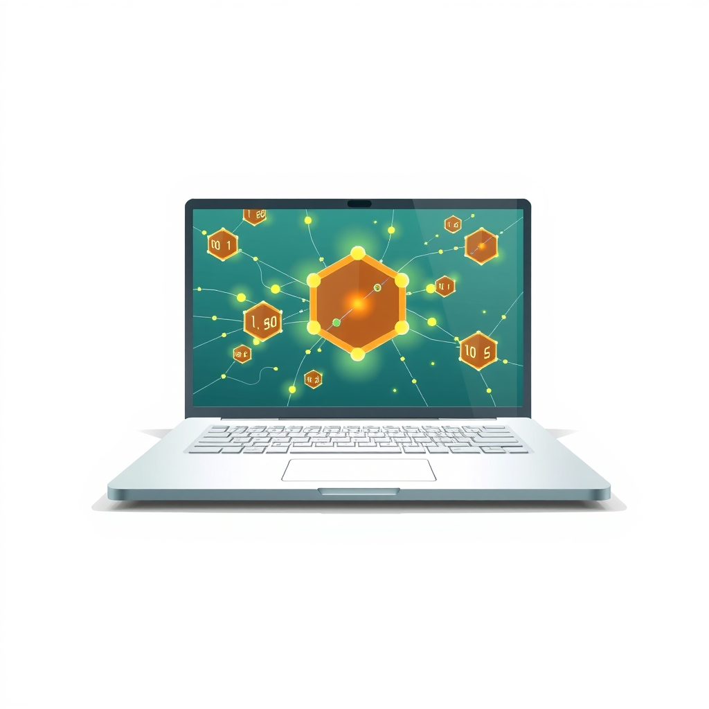 Una laptop mostrando gráficos de redes neuronales y cubos binarios representando el procesamiento FP8.