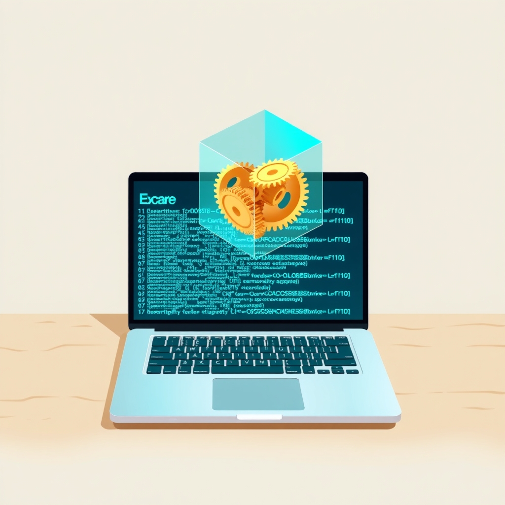 Ein Laptop, der Code anzeigt, mit einem schwebenden mechanischen Zahnrad-Würfel darüber, der KI-gesteuertes lokales Coden symbolisiert.