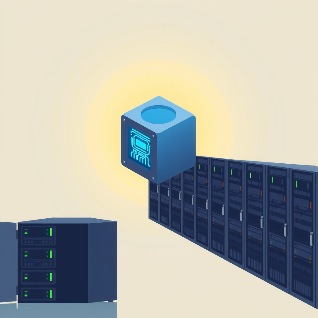 A metallic cube with glowing circuits floating above server racks.