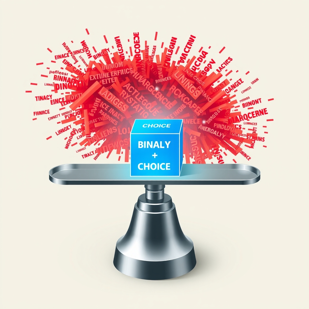 Une balance métallique équilibrant un cube de décision structuré contre des fragments de texte chaotiques.