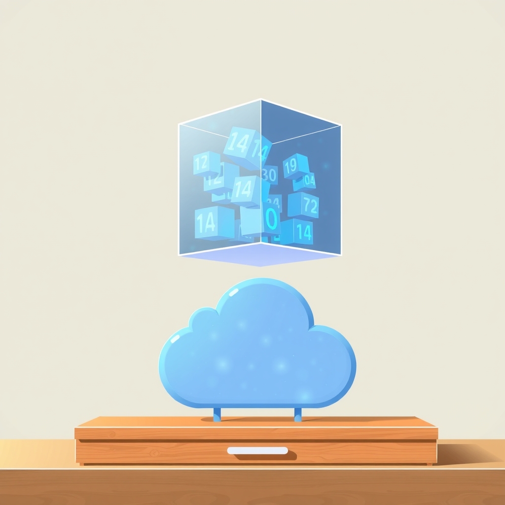A glass cube with data blocks hovering over a cloud icon