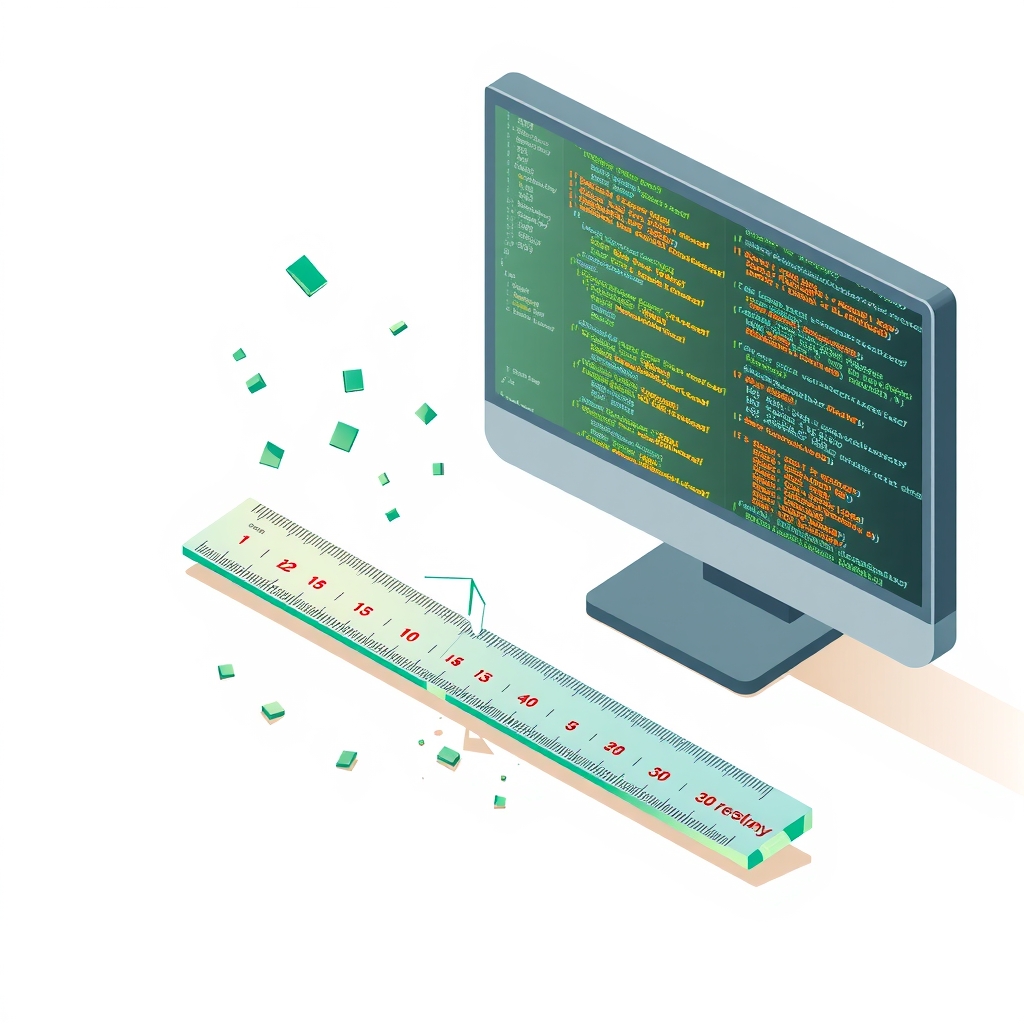A broken glass ruler symbolizing flawed benchmarks next to a coding interface.