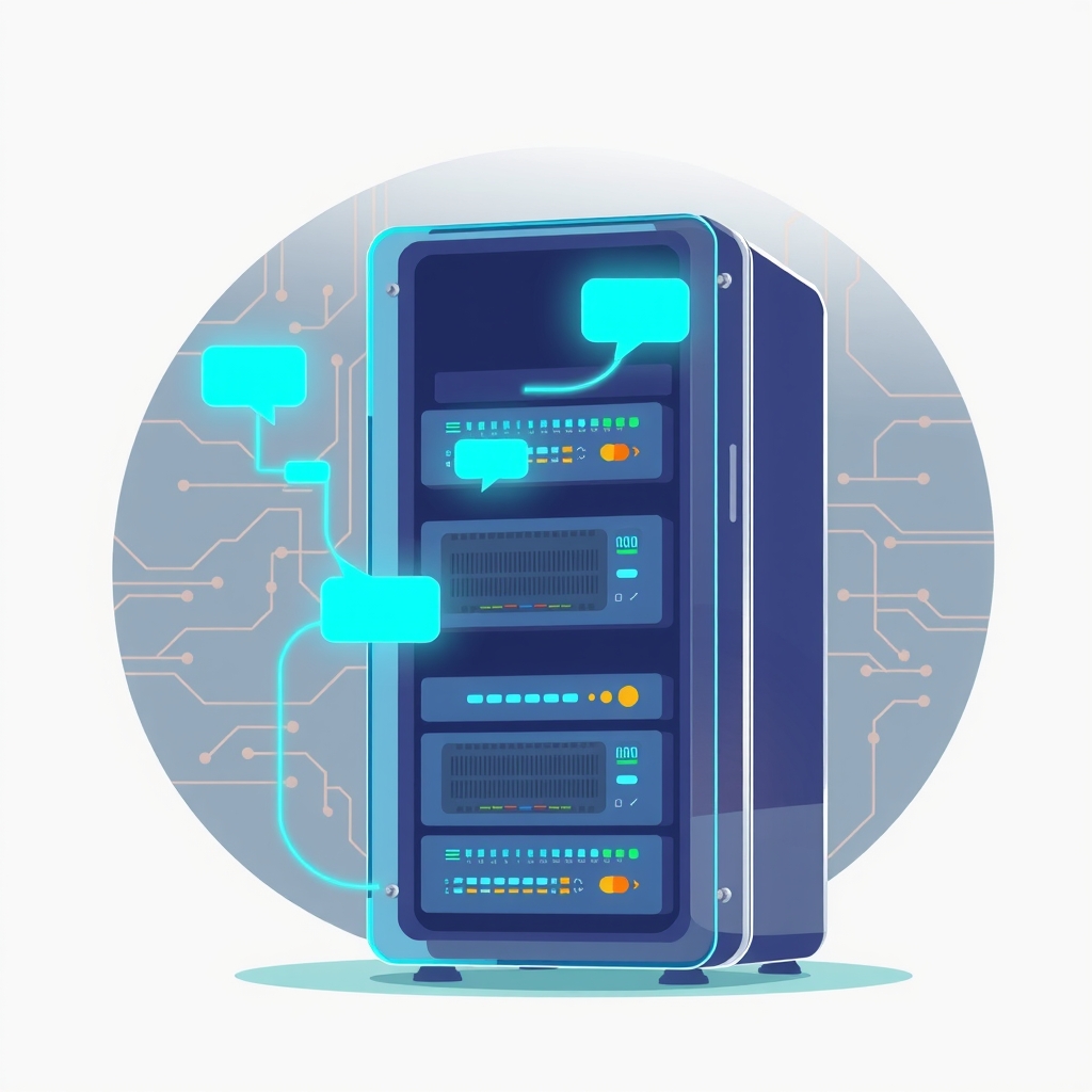 Illustration of modular server blocks connected by glowing conversation threads representing stateless AI agent architecture