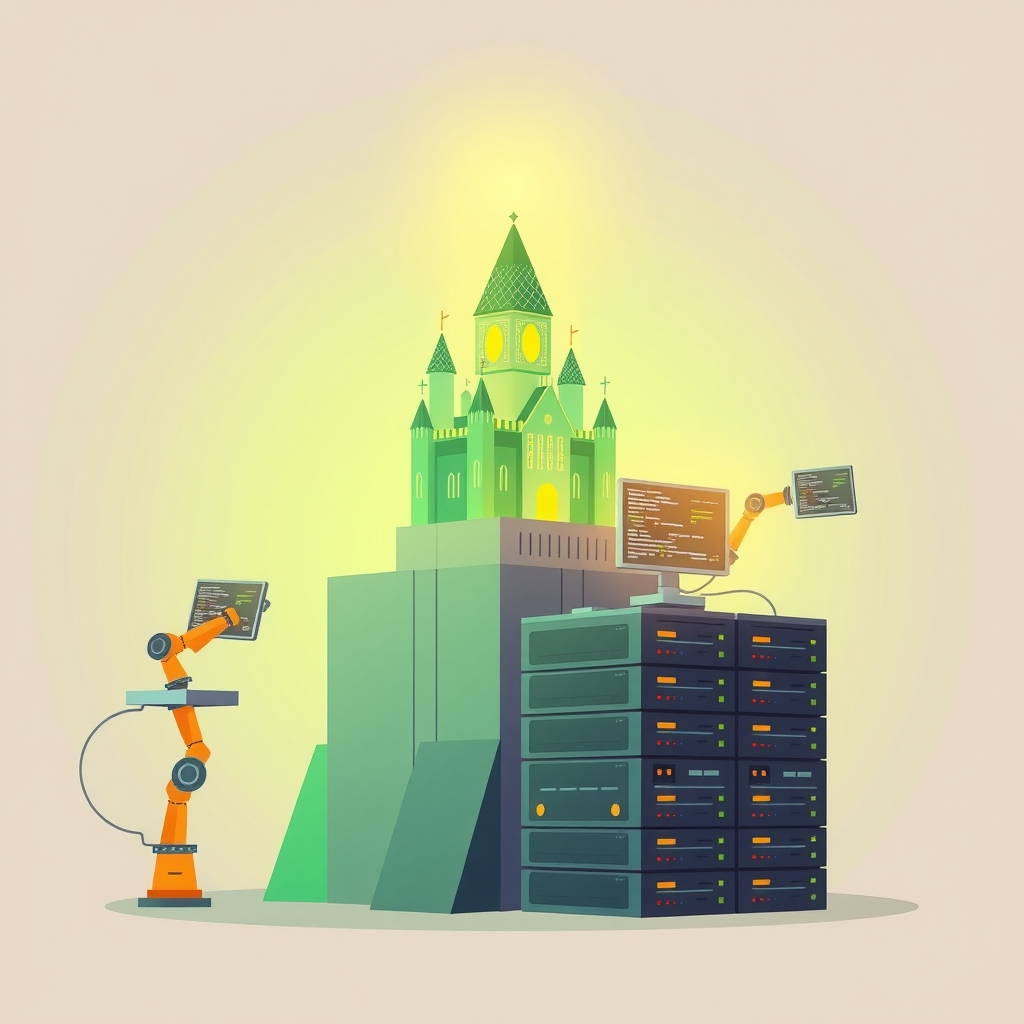 Digital castle emerging from server racks with robotic coding arms