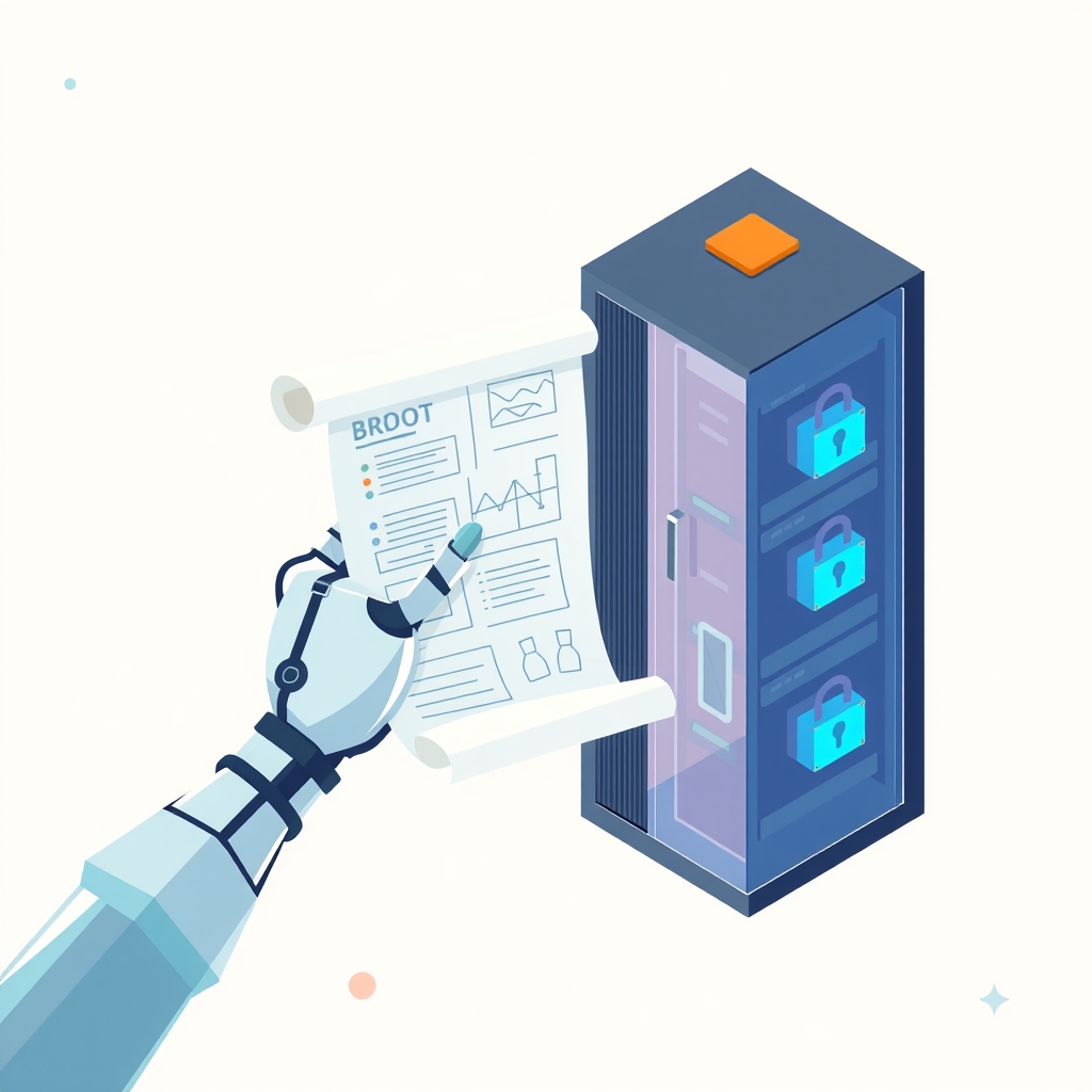 安全なサーバーラックの横で設計図を持つロボットの腕。