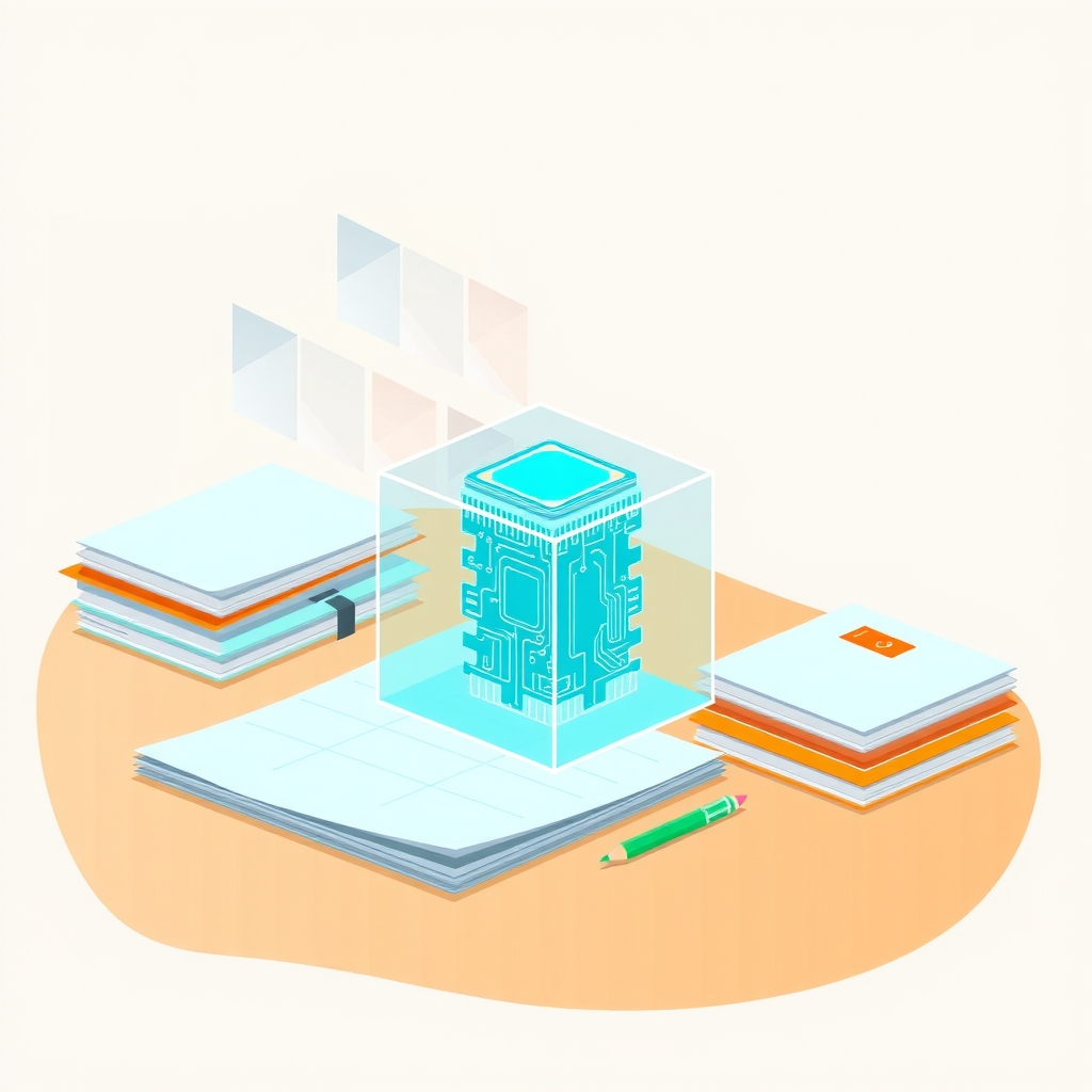 A glass cube with glowing circuits representing optimized build routes next to notes.