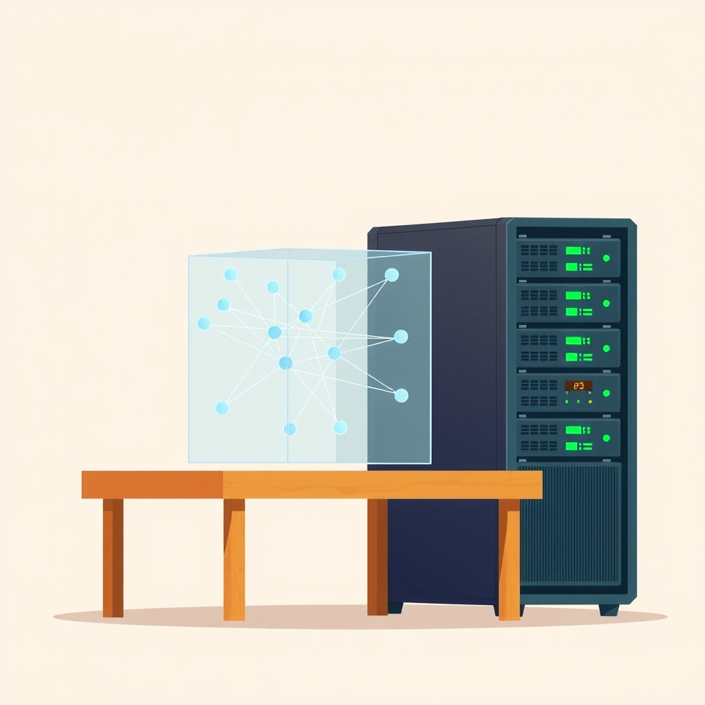 Ilustración de estructuras de datos vectoriales dentro de un cubo de cristal sobre un escritorio