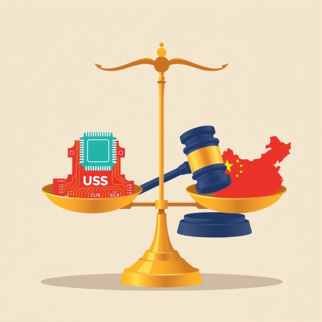 A scale balancing US and Chinese AI chips with a legal gavel.