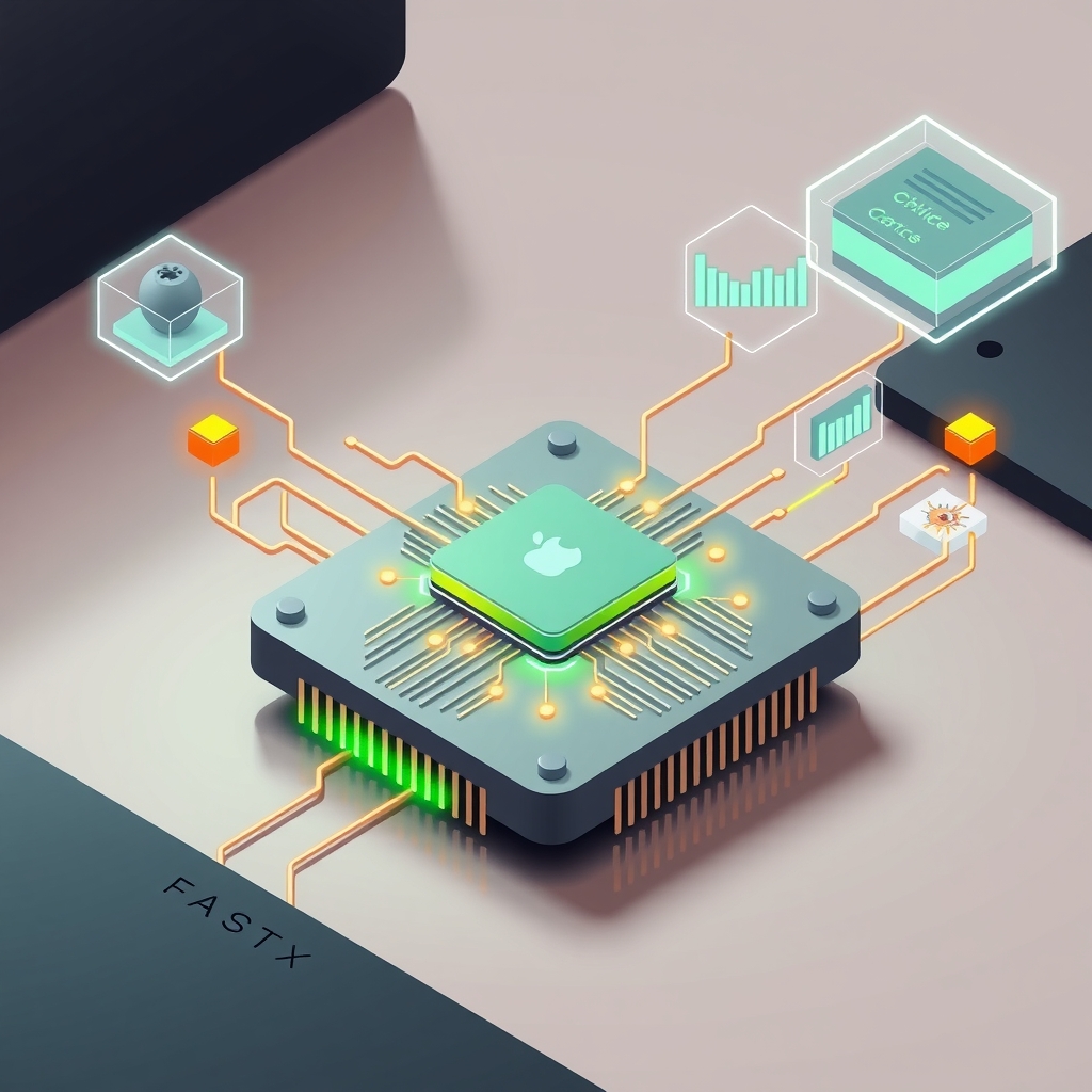 Apple Silicon chip with glowing circuits connecting to floating geometric data shapes