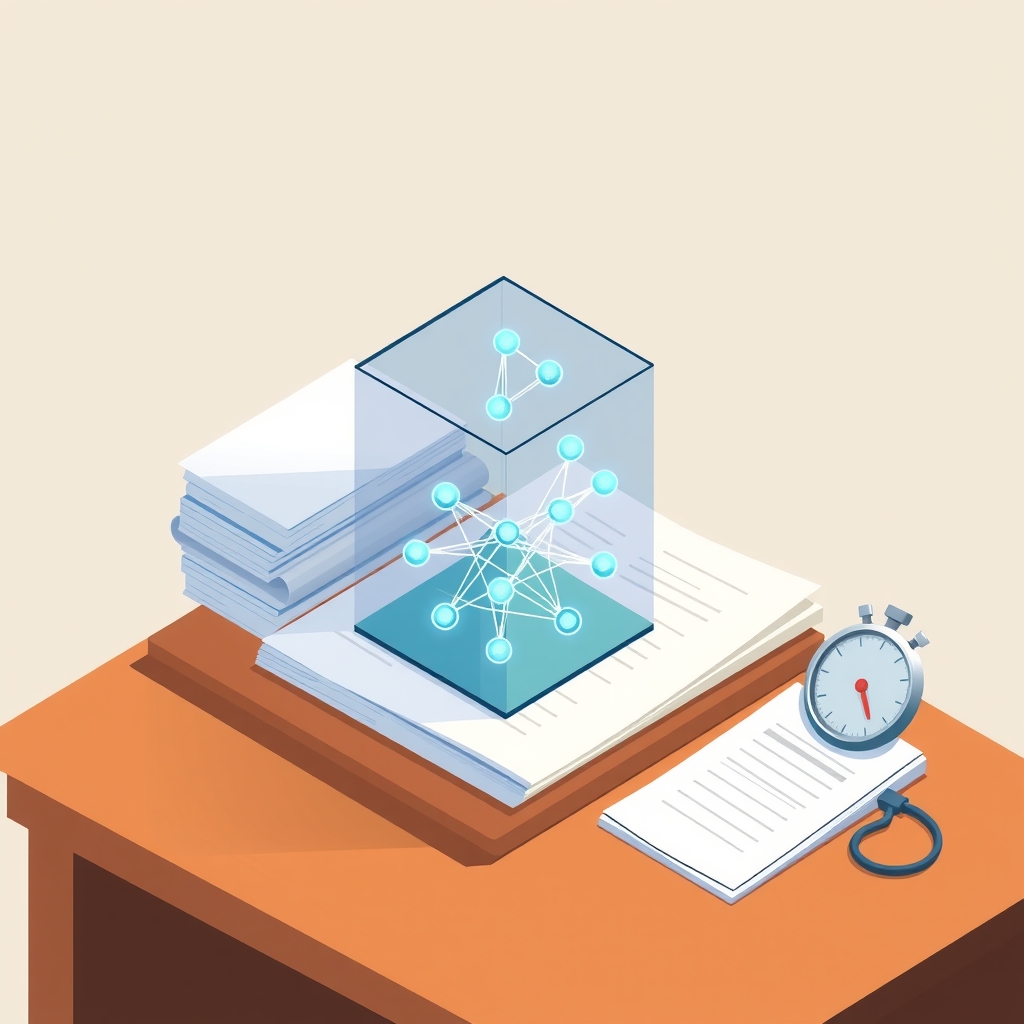 Un cubo de vidrio con nodos de red brillantes sobre un escritorio con documentos y un cronómetro