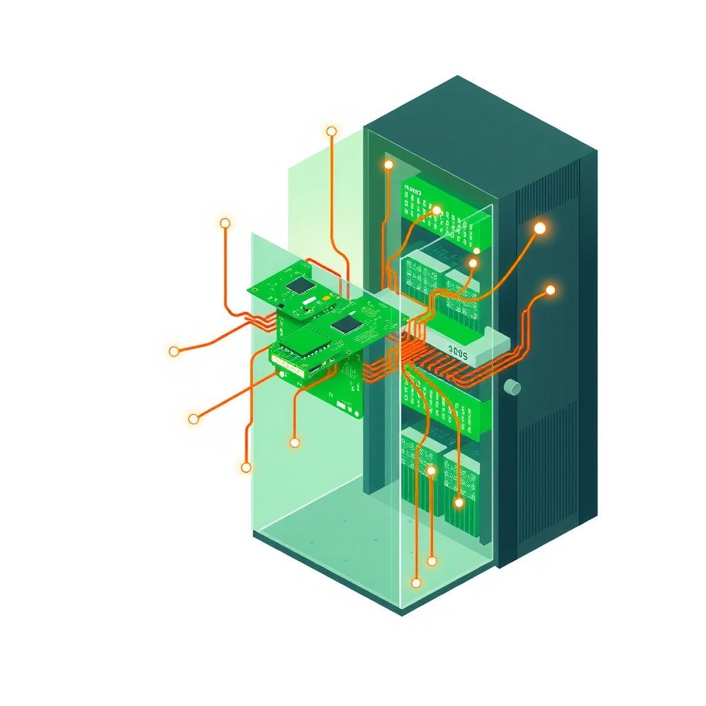 Illustration abstraite de composants GPU déconnectés dans une baie serveur