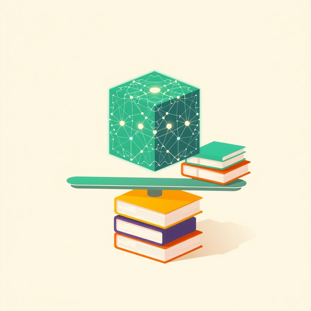 Une balance équilibrant un cube numérique d'IA et des livres physiques.